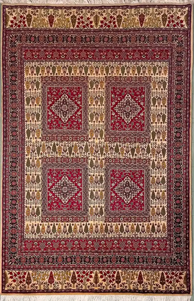 Khorasan handgeknüpfter Perserteppich aus Wolle und Seide, Chahar Bagh, Creme, 200 × 300 cm - Produktbild 1