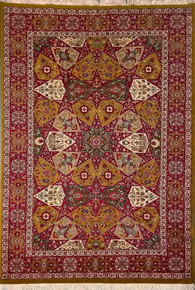 Персидский ковёр Хорасан из шерсти и шелка ручной работы, пара, Геометрический орнамент, Золотой, 200 × 300 см - фото товара 1