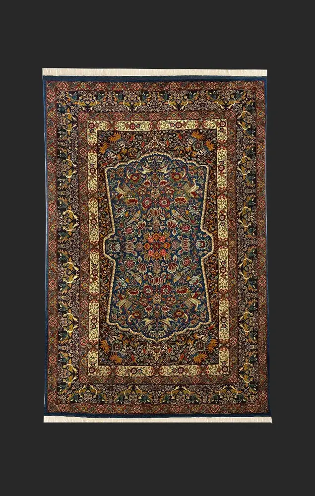 ホラーサーン産ウール&シルク・ペルシャ絨毯 手織り, 宮廷, 青, 200 × 300 cm, PRR-KHN-073 - 商品画像 1