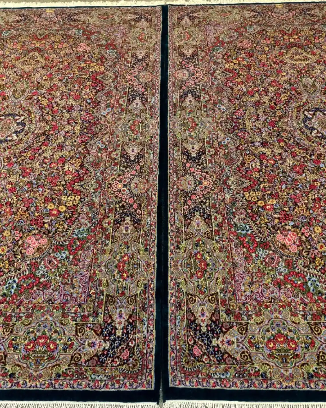 Twin Midnight Blossom Medallions of Kerman — matched pair view