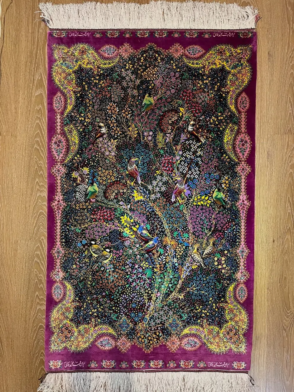 Imperial Birds of Paradise pure silk Qom rug with Tree of Life and birds design