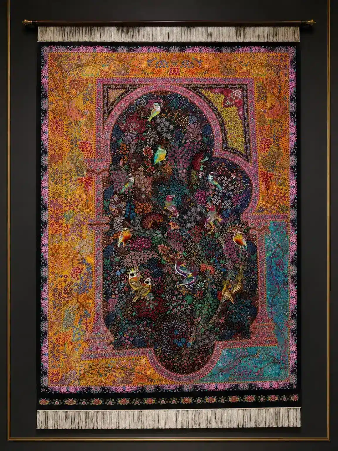 Midnight Garden of Eternity handmade Qom pure silk carpet with intricate Persian Garden floral design
