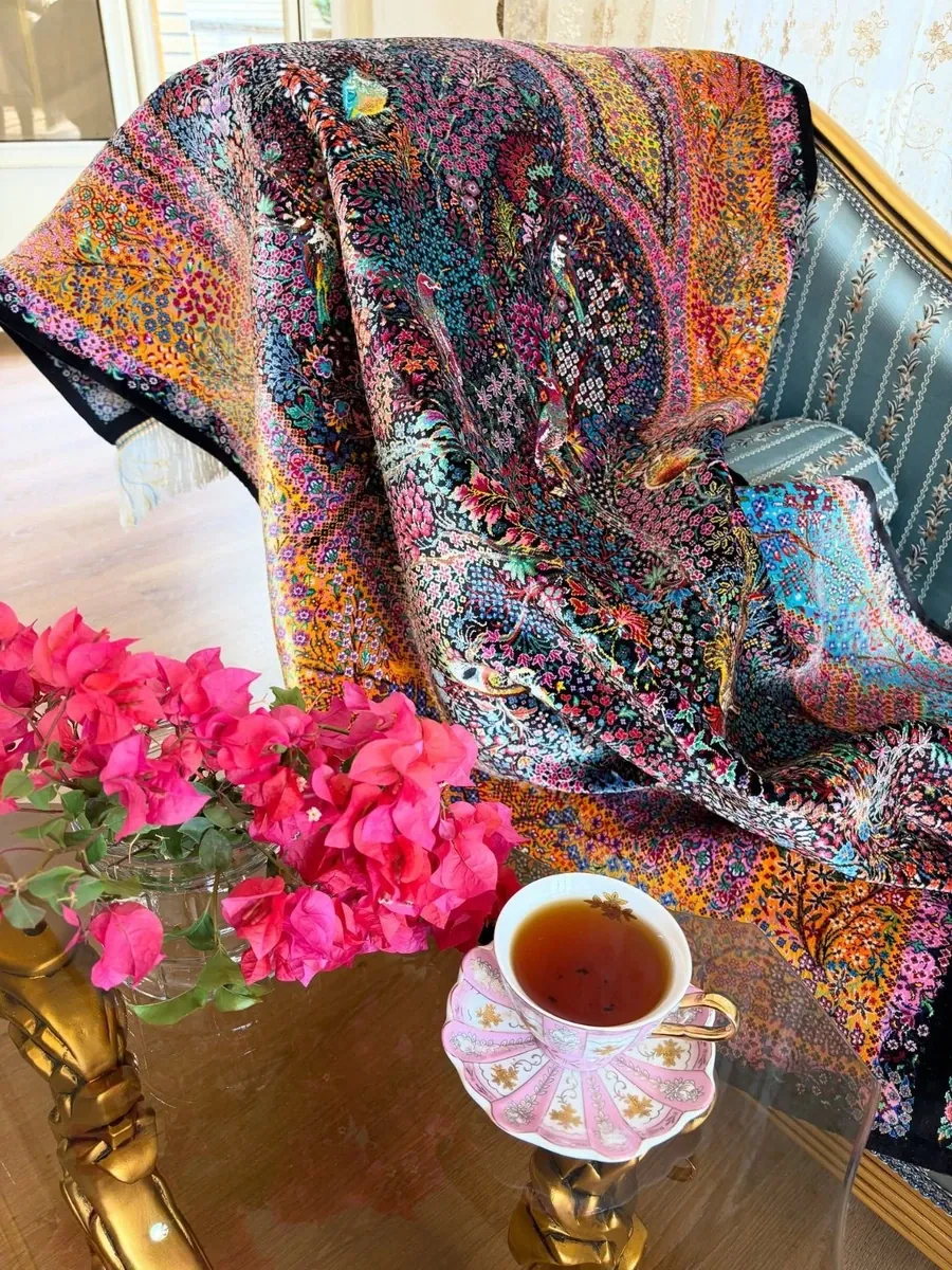 Midnight Garden of Eternity handmade Qom pure silk carpet with intricate Persian Garden floral design
