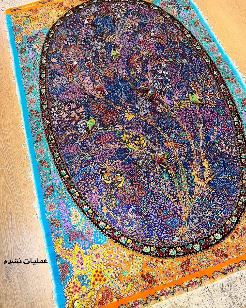 Royal Aviary of Paradise handmade Qom pure silk carpet with intricate Persian Garden floral design — detail 1