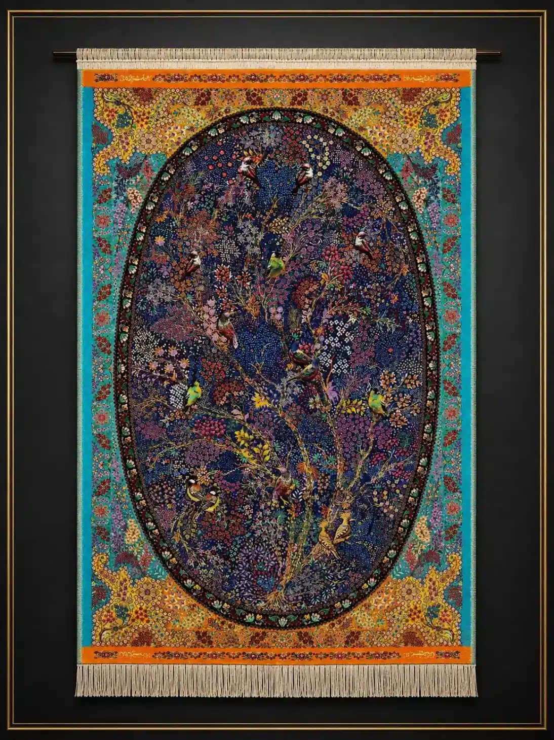 Royal Aviary of Paradise handmade Qom pure silk carpet featuring the Persian Tree of Life with colourful birds