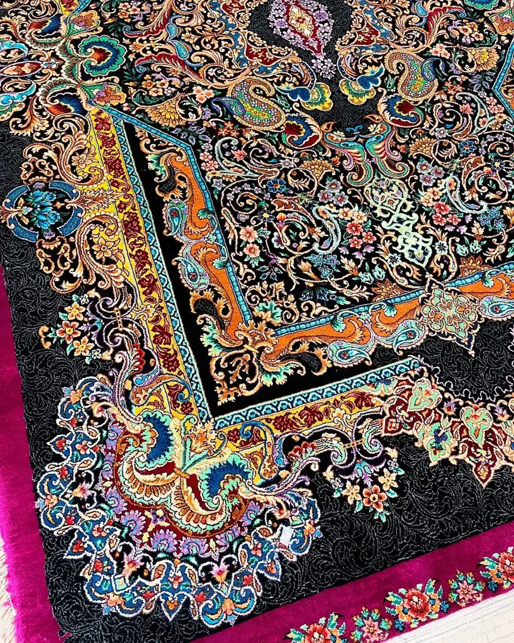 Imperial Peacock Medallion handmade Qom pure silk carpet with intricate Persian Garden floral design — detail 1