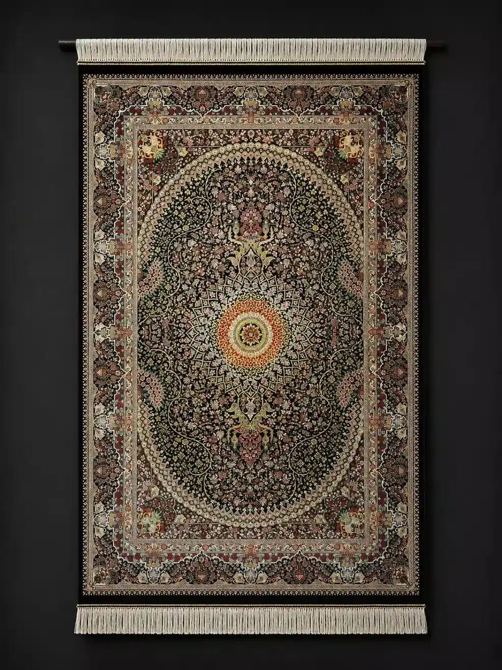 Imperial Sunburst Medallion handmade Qom pure silk carpet featuring a classical Shamsa medallion design