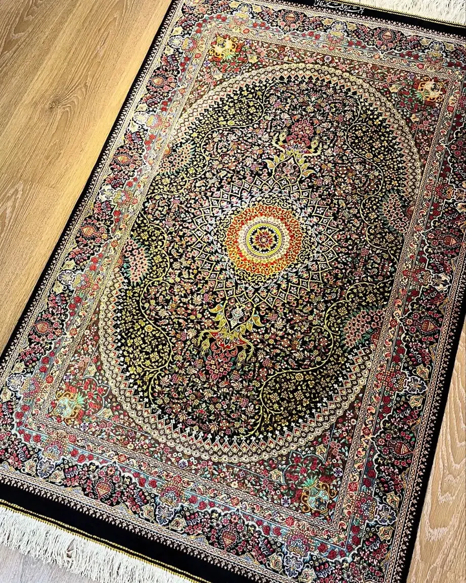 Imperial Sunburst Medallion handmade Qom pure silk carpet with intricate Persian Garden floral design — detail 1