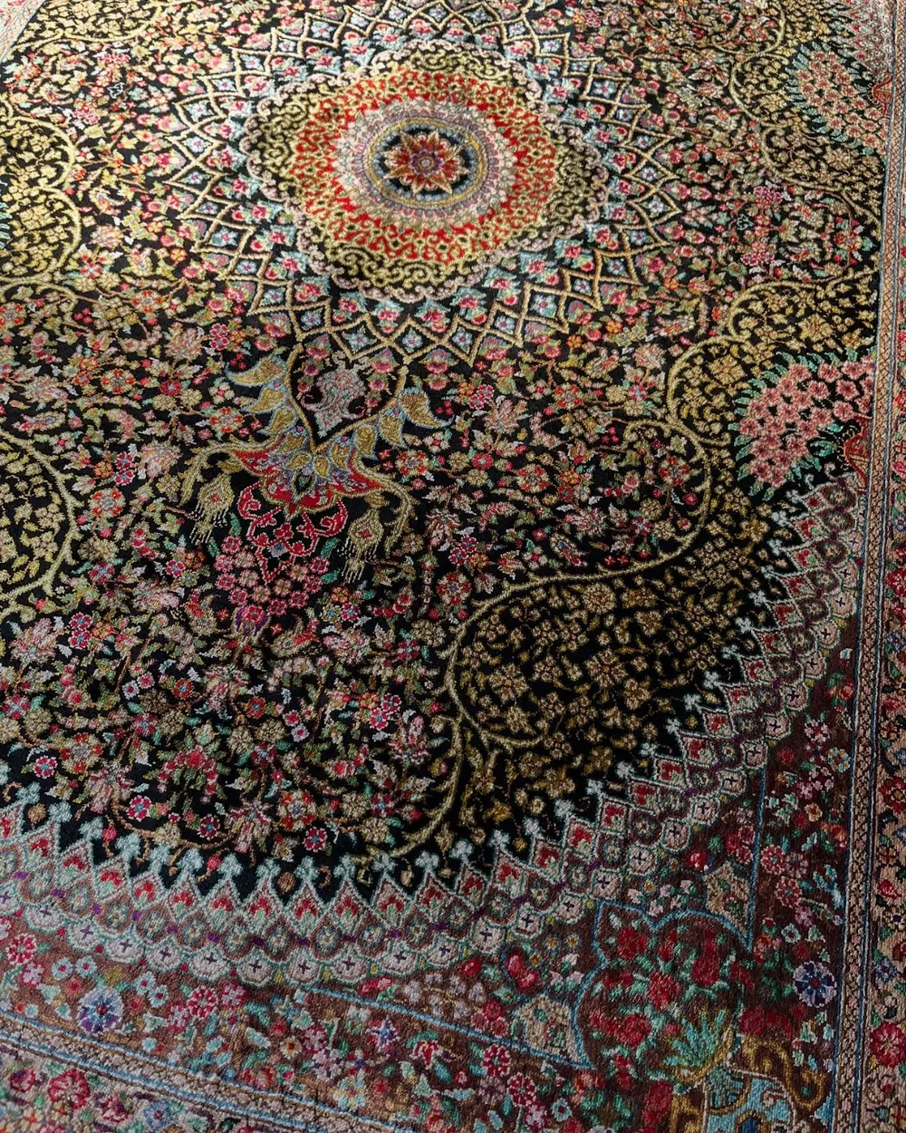 Imperial Sunburst Medallion handmade Qom pure silk carpet with intricate Persian Garden floral design — detail 2