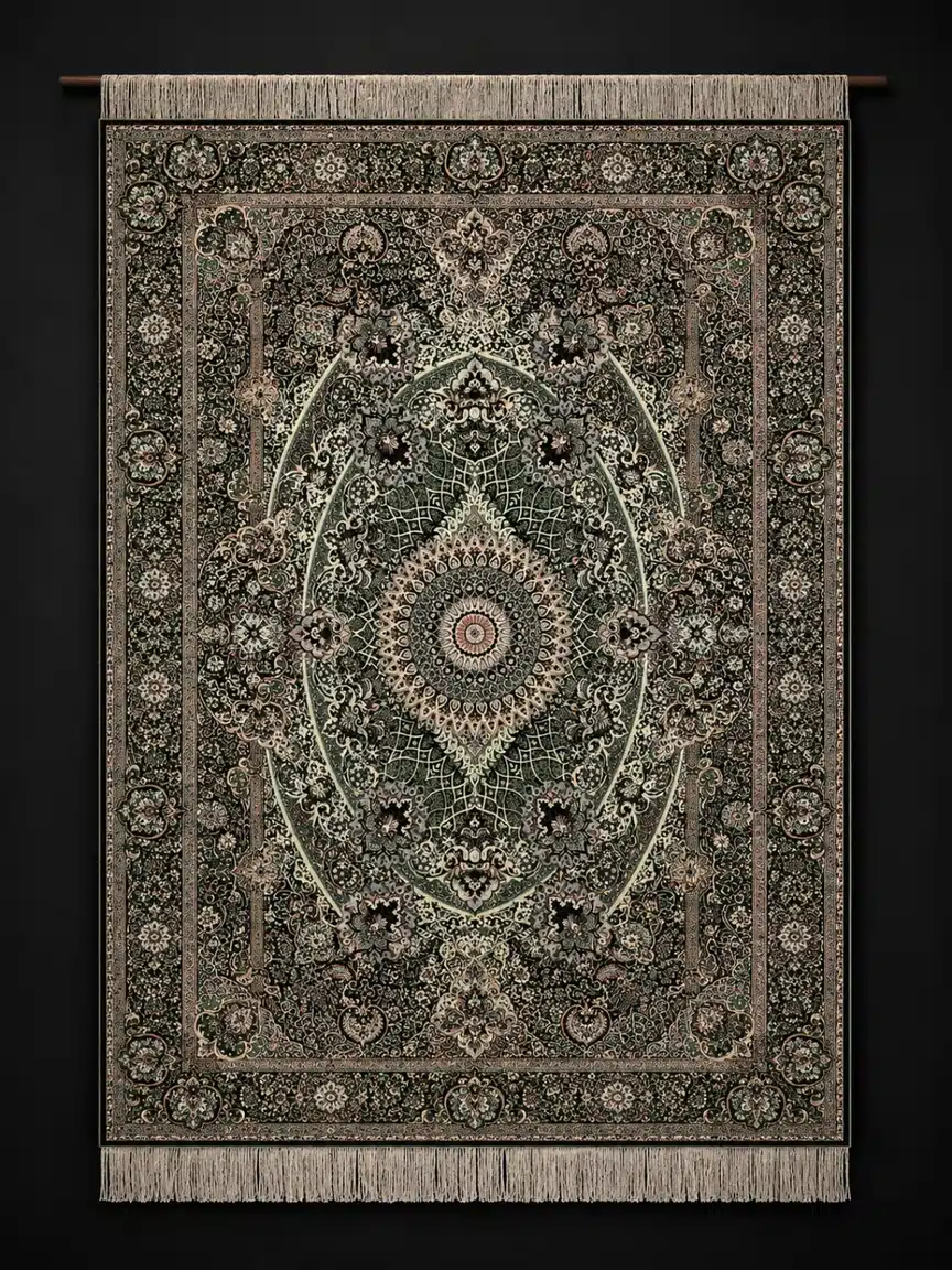 Emerald Celestial Medallion handmade Qom pure silk carpet featuring a Shamsa medallion with lattice arabesque design