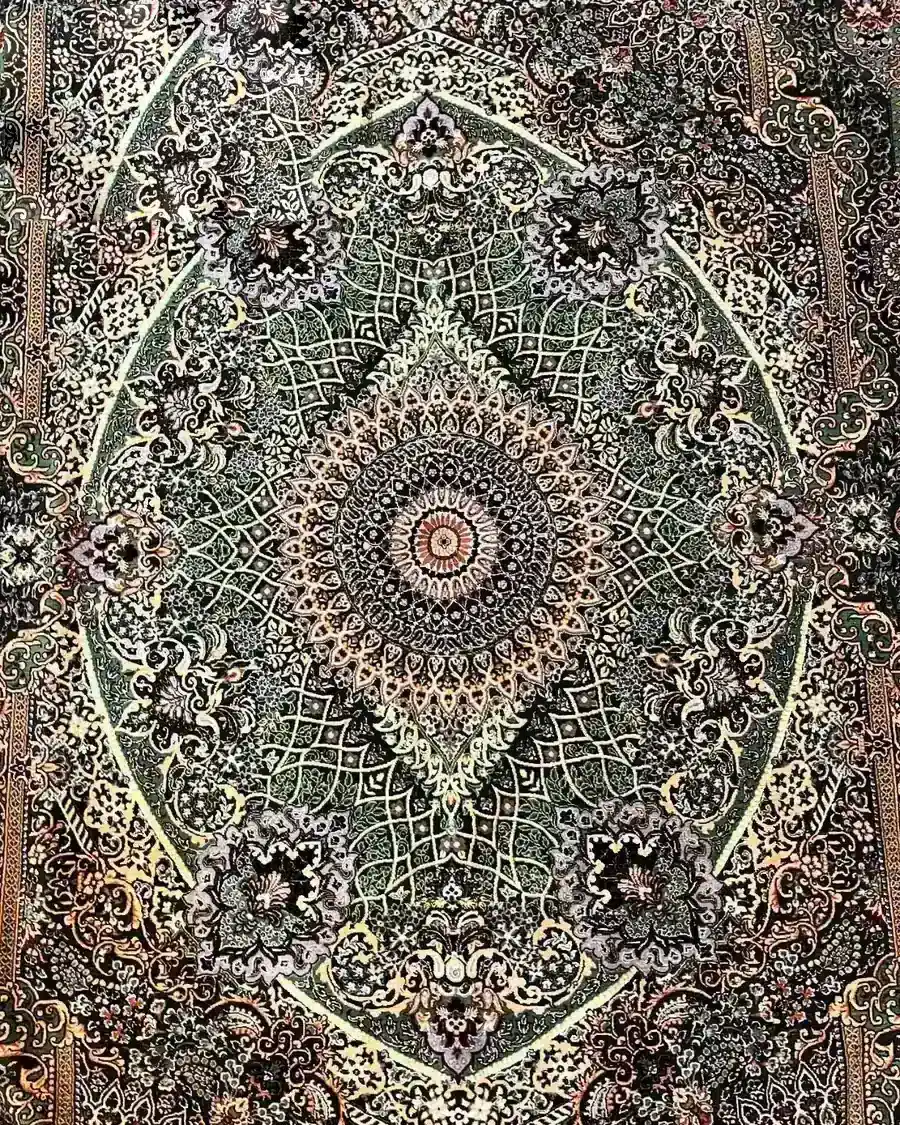 Emerald Celestial Medallion handmade Qom pure silk carpet featuring a Shamsa medallion with lattice arabesque design