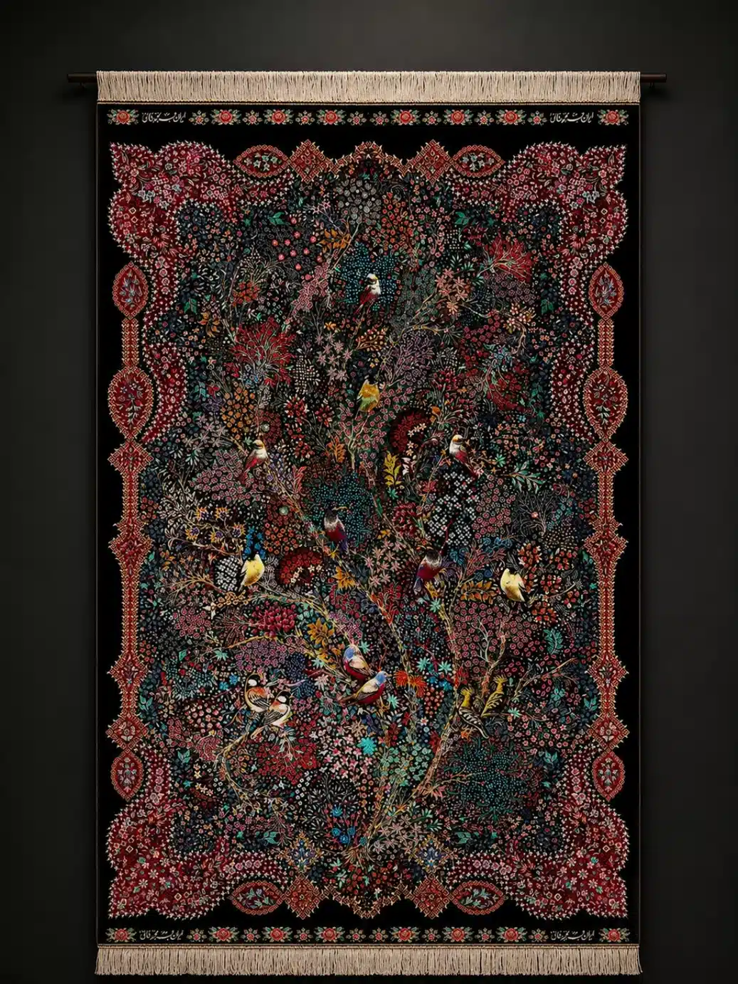 Imperial Garden of Nightingales handmade Qom pure silk carpet featuring the Persian Tree of Life with colourful nightingales