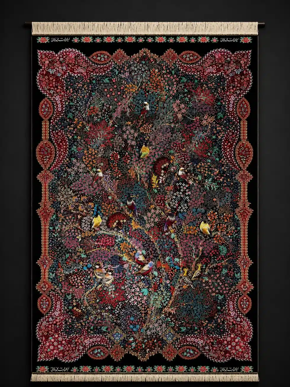 Royal Symphony of Songbirds handmade Qom pure silk carpet featuring the Persian Tree of Life with colourful songbirds