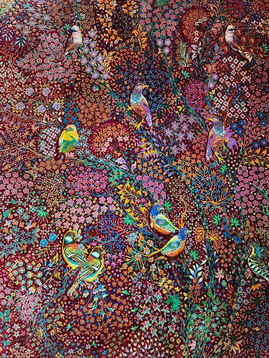 Royal Pavilion of Songbirds handmade Qom pure silk carpet featuring the Persian Tree of Life with colourful songbirds — detail 1