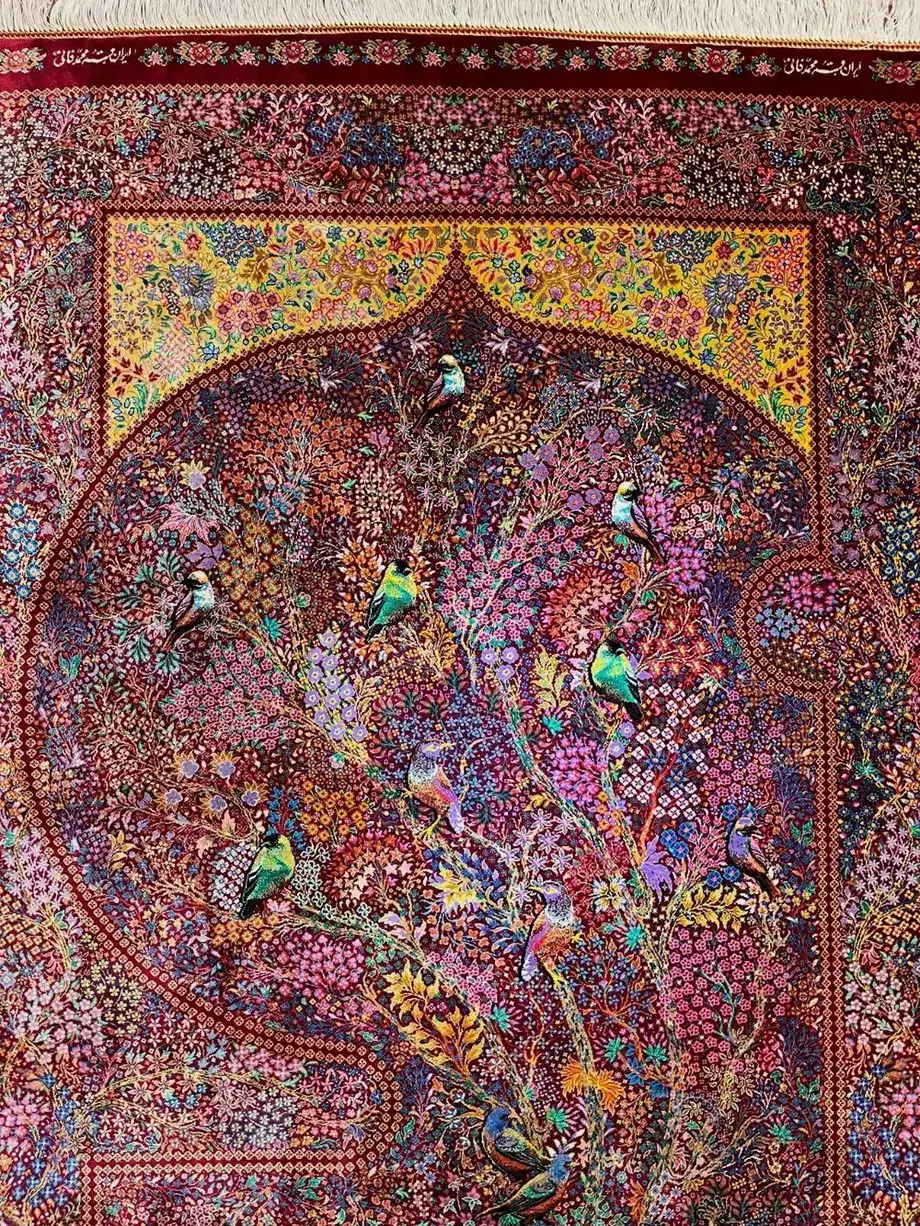 Royal Pavilion of Songbirds handmade Qom pure silk carpet featuring a Persian garden pavilion with colourful songbirds