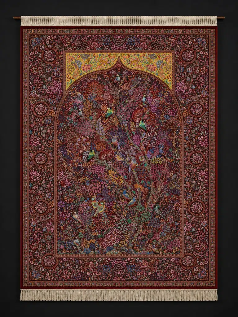 Royal Pavilion of Songbirds handmade Qom pure silk carpet featuring a Persian garden pavilion with colourful songbirds