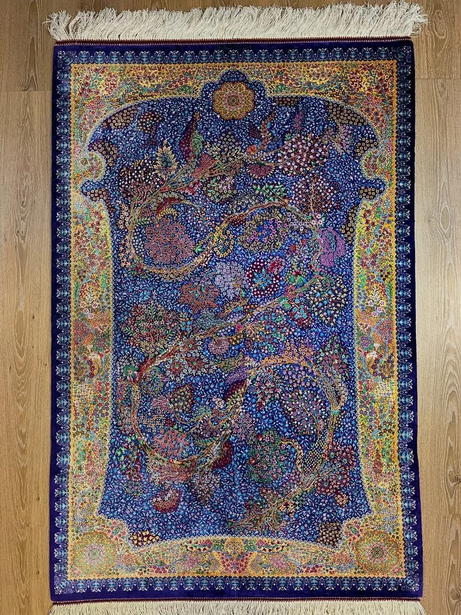 Celestial Tree of Paradise handmade Qom pure silk carpet featuring the Persian Tree of Life with colourful songbirds