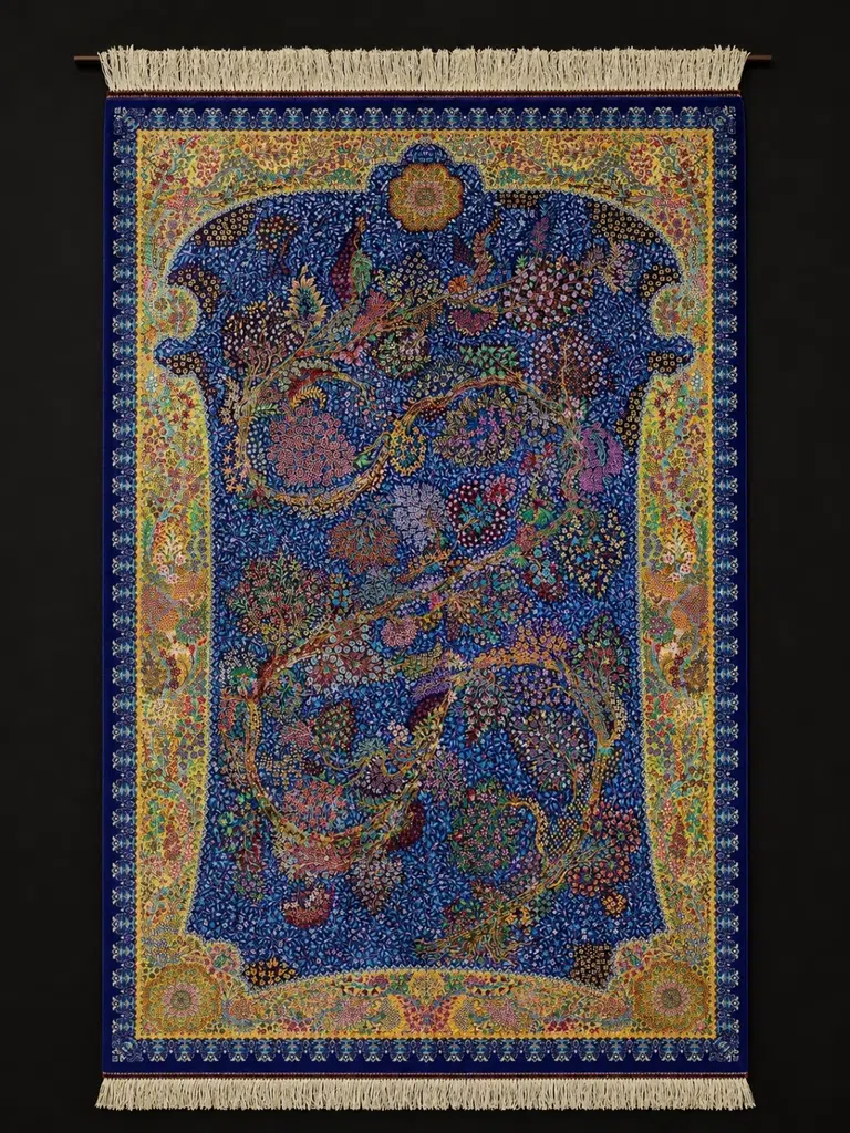 قم — بساط حرير فارسي معقود يدوياً — شجرة الفردوس — 140 × 210 cm — PRR-PS-010 — 2