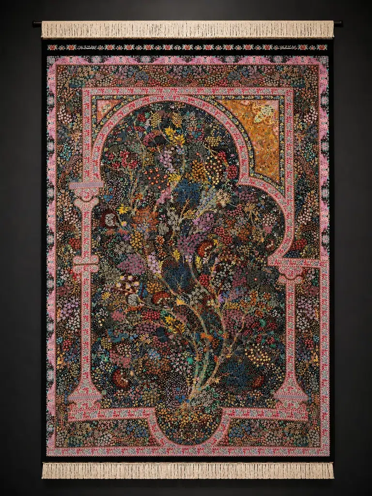 Imperial Garden of Eternity handmade Qom pure silk carpet featuring a Safavid Paradise Garden and Tree of Life design