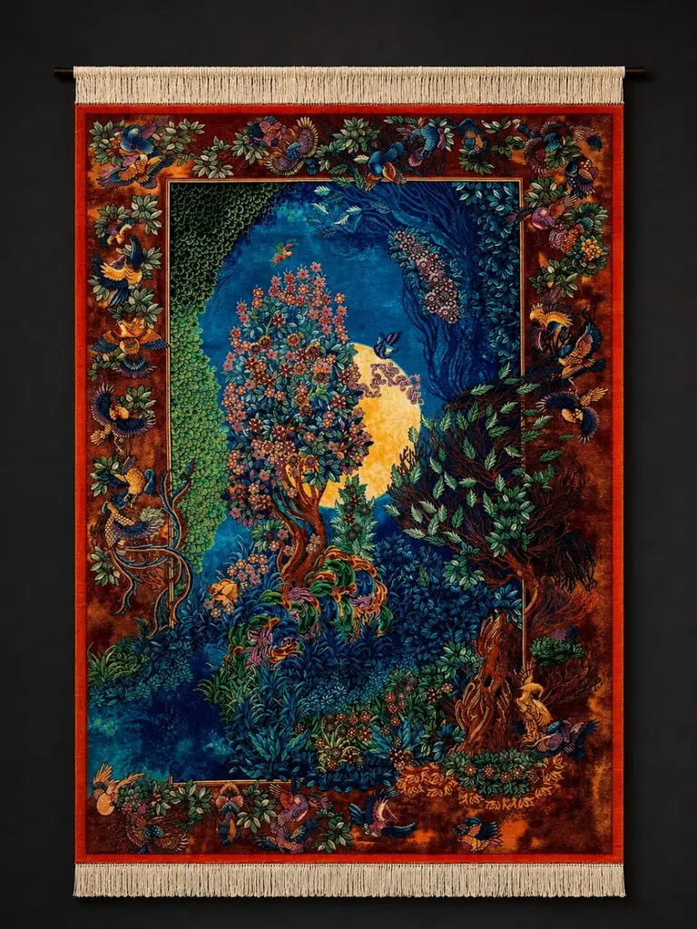Moonlit Garden of Songbirds handmade Qom pure silk carpet with a Tree of Life, golden moon and colourful birds