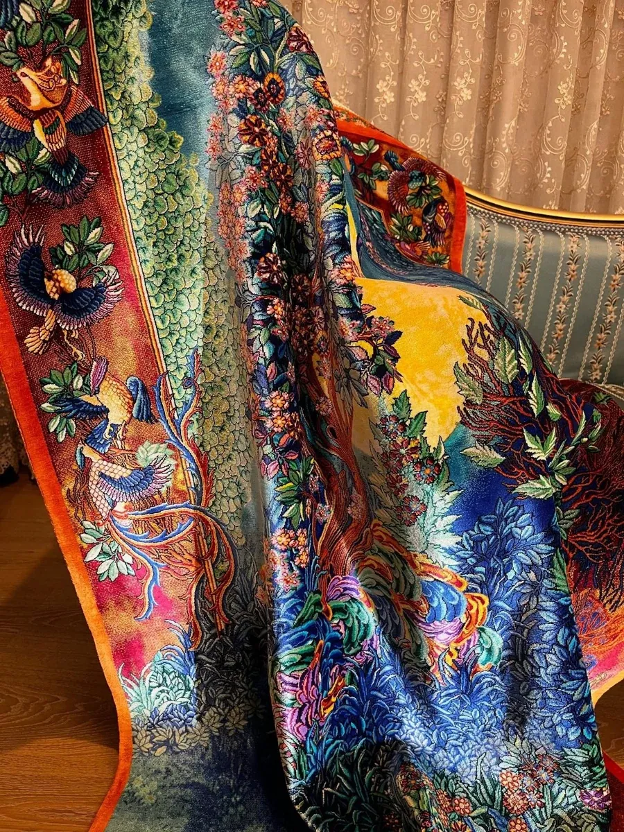 Moonlit Garden of Songbirds handmade Qom pure silk carpet with a Tree of Life, golden moon and colourful birds
