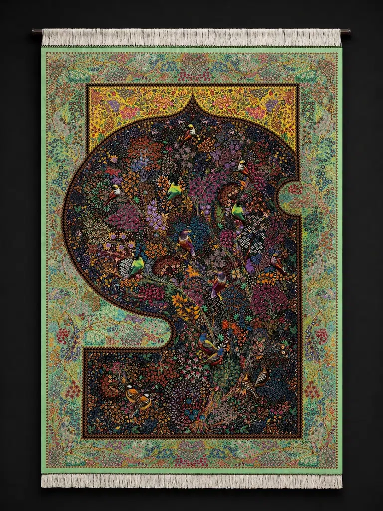 Emerald Arch of Songbirds handmade Qom pure silk carpet with a Mehrabi bird-and-flower garden design