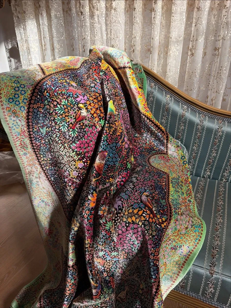 Emerald Arch of Songbirds handmade Qom pure silk carpet with a Mehrabi bird-and-flower garden design