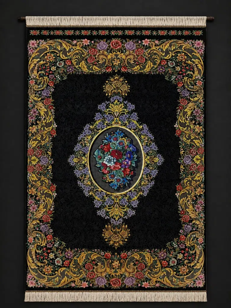 Midnight Bouquet Medallion handmade Qom pure silk carpet with an oval Gol Farang floral medallion