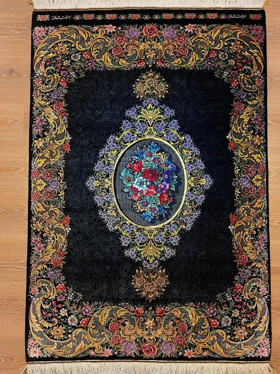 Midnight Bouquet Medallion handmade Qom pure silk carpet with an oval Gol Farang floral medallion