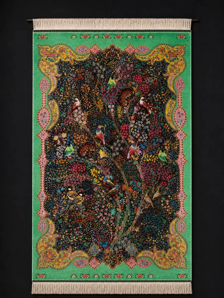 قم — بساط حرير فارسي معقود يدوياً — حديقة طيور بزخارف مزهرة — 80 × 120 cm — PRR-PS-015 — 2