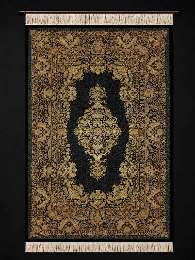 Imperial Midnight Medallion handmade Qom pure silk carpet with a Lachak Toranj and Shah Abbasi arabesque design