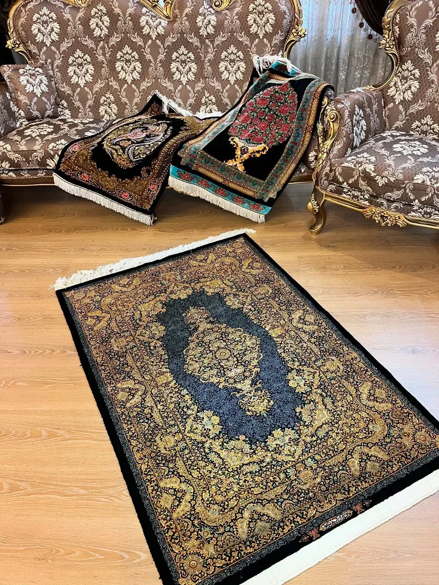 Imperial Midnight Medallion handmade Qom pure silk carpet with a Lachak Toranj and Shah Abbasi arabesque design