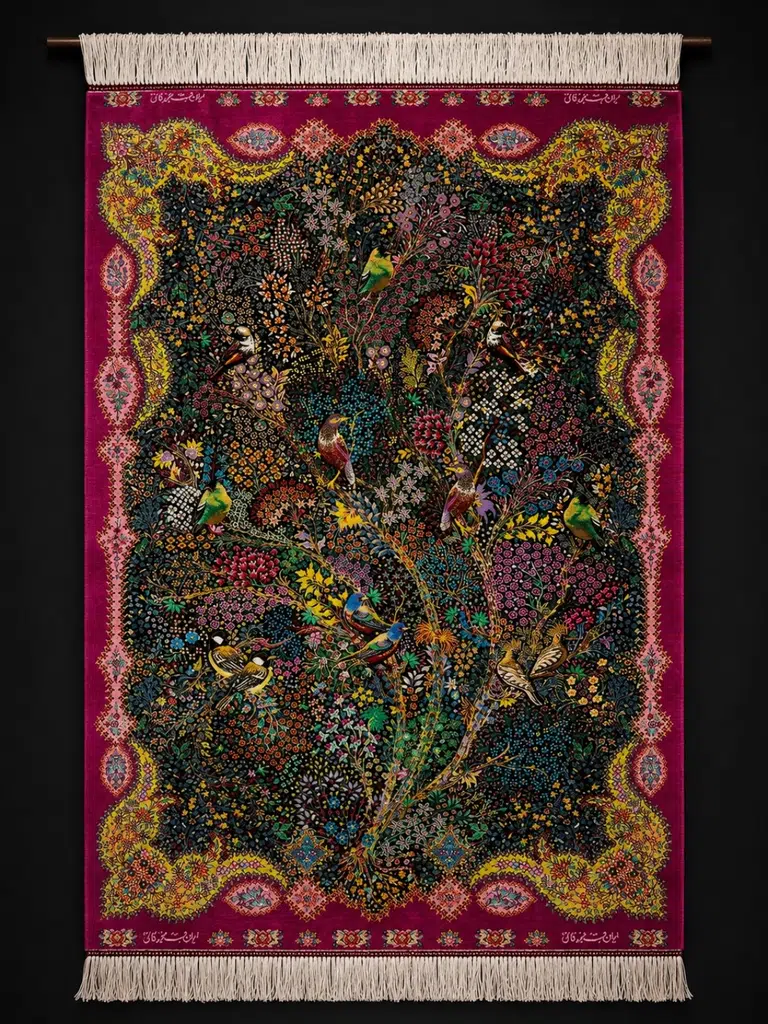 Crimson Aviary of Songbirds handmade Qom pure silk carpet with colourful birds, dense blossoms and a burgundy garden frame