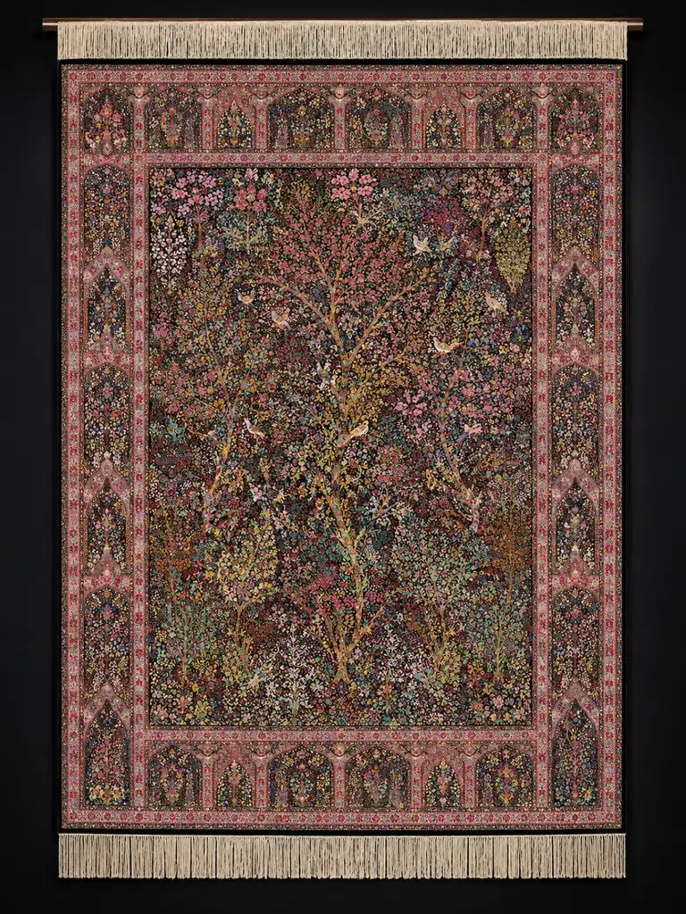 Rosewood Garden of Nightingales handmade Qom pure silk carpet with a dense Tree of Life, birds and rose-toned floral borders