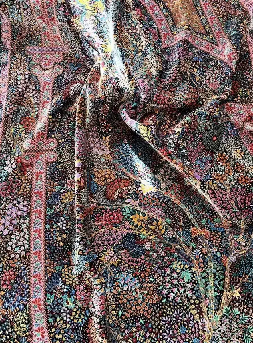 Rosewood Garden of Nightingales handmade Qom pure silk carpet with a dense Tree of Life, birds and rose-toned floral borders