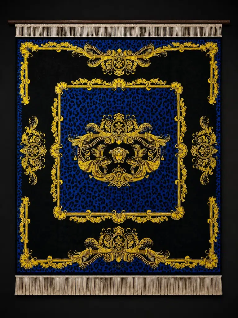 Cobalt Baroque Emblem handmade Qom pure silk carpet with gold scrollwork, a mythological emblem and a blue animal-pattern field