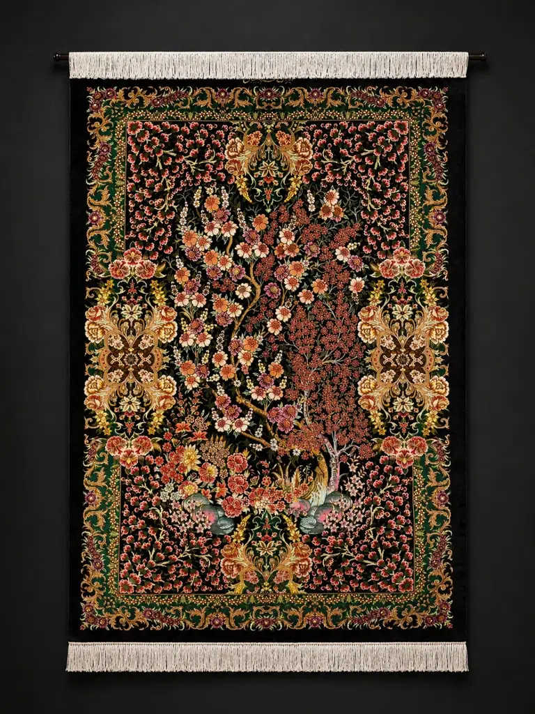 Crimson Orchard of Nightingales handmade Qom pure silk carpet with flowering trees, paired birds and an emerald floral border
