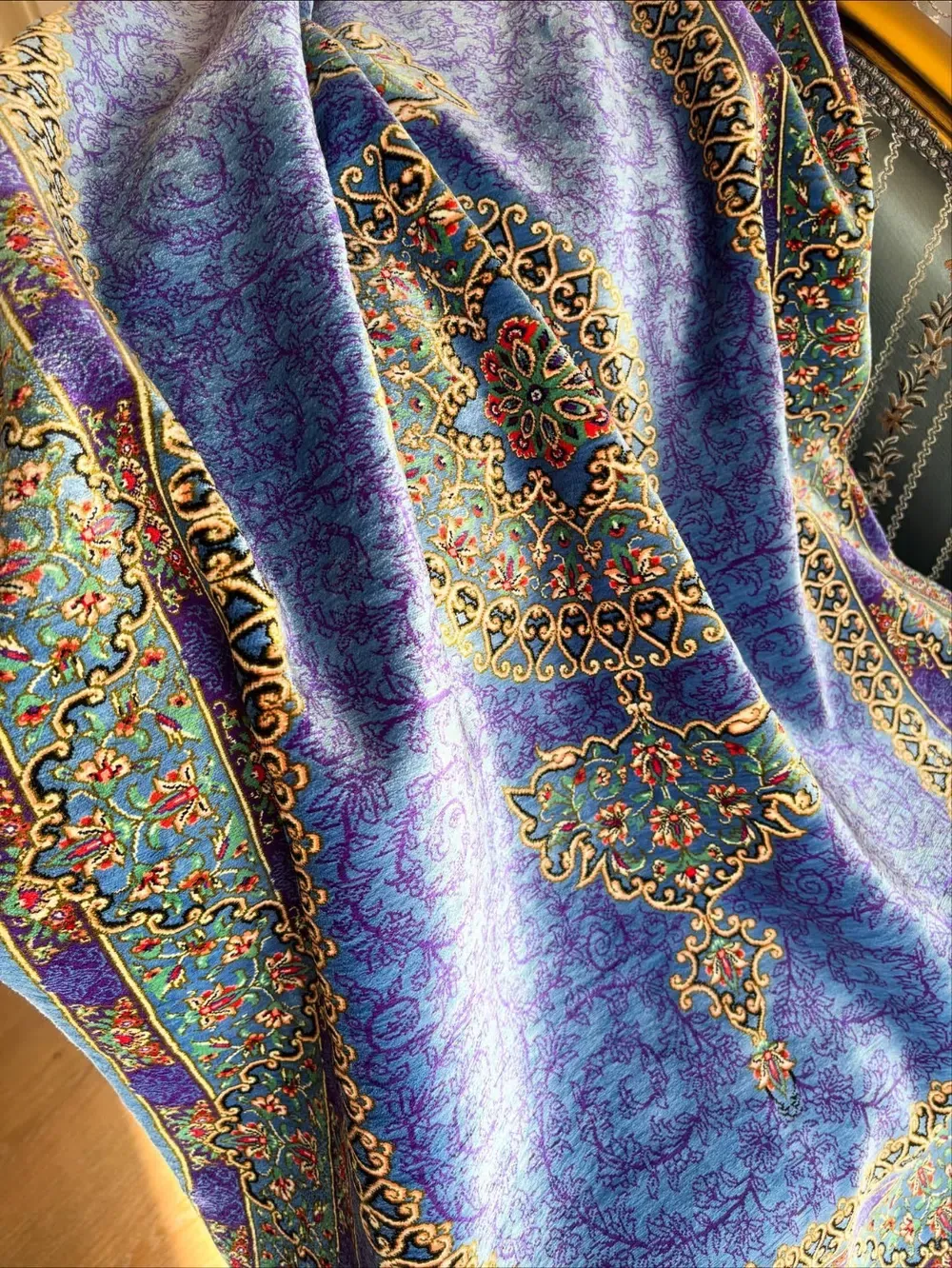 Azure Royal Medallion handmade Qom pure silk carpet with an oval Toranj, Shah Abbasi arabesques and turquoise floral borders — detail 1