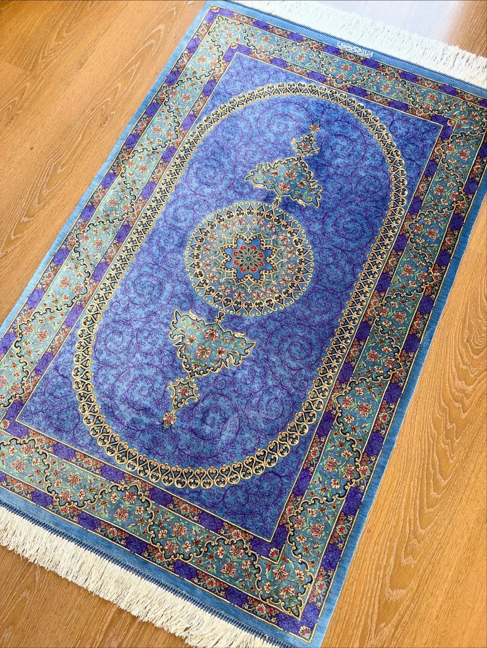 Azure Royal Medallion handmade Qom pure silk carpet with an oval Toranj, Shah Abbasi arabesques and turquoise floral borders