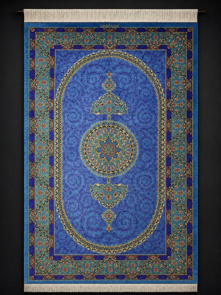 Azure Royal Medallion handmade Qom pure silk carpet with an oval Toranj, Shah Abbasi arabesques and turquoise floral borders