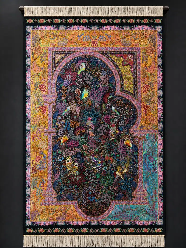 Golden Mosaic Garden of Songbirds handmade Qom pure silk carpet with a dark Tree of Life, colourful birds and a patchwork floral border