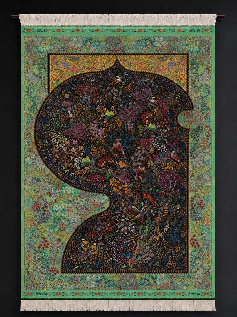 Mint Garden of Songbirds handmade Qom pure silk carpet with colourful birds, a dark Tree of Life and a luminous mint floral border