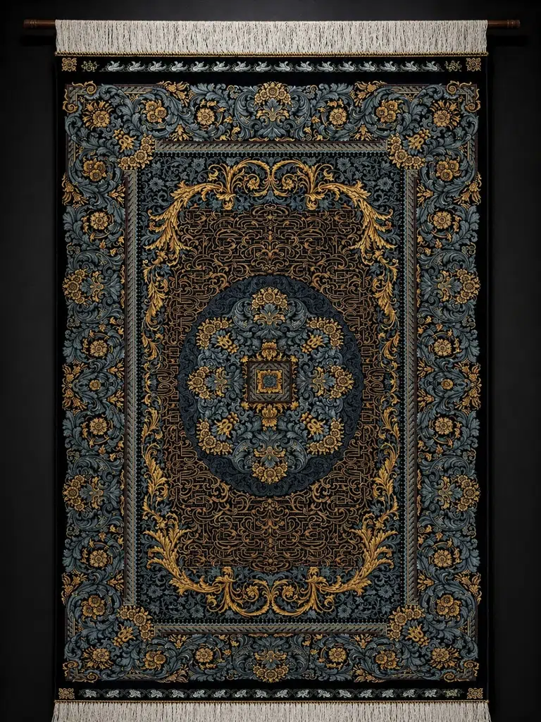 Obsidian Labyrinth Medallion handmade Qom pure silk carpet with a geometric Toranj, maze-like field and blue-gold baroque arabesques