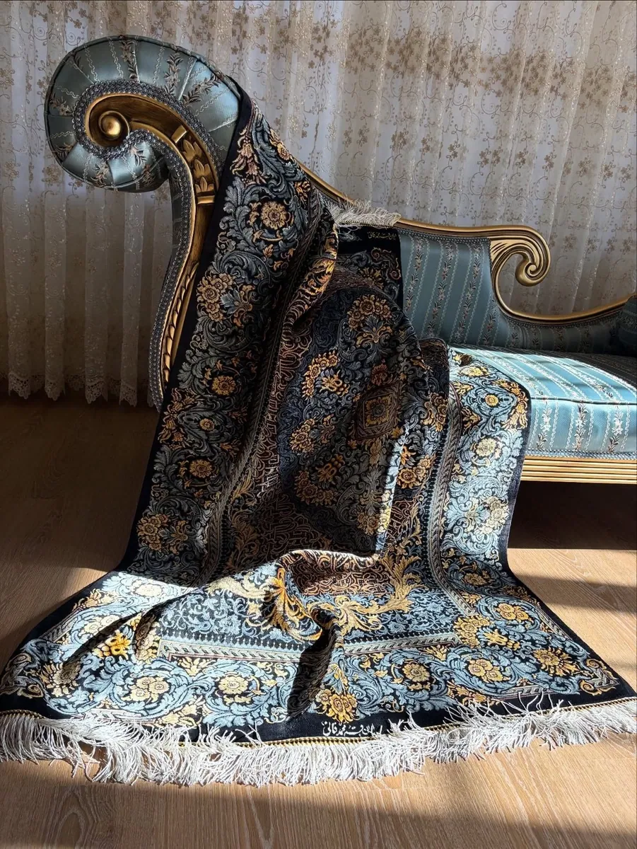 Obsidian Labyrinth Medallion handmade Qom pure silk carpet with a geometric Toranj, maze-like field and blue-gold baroque arabesques
