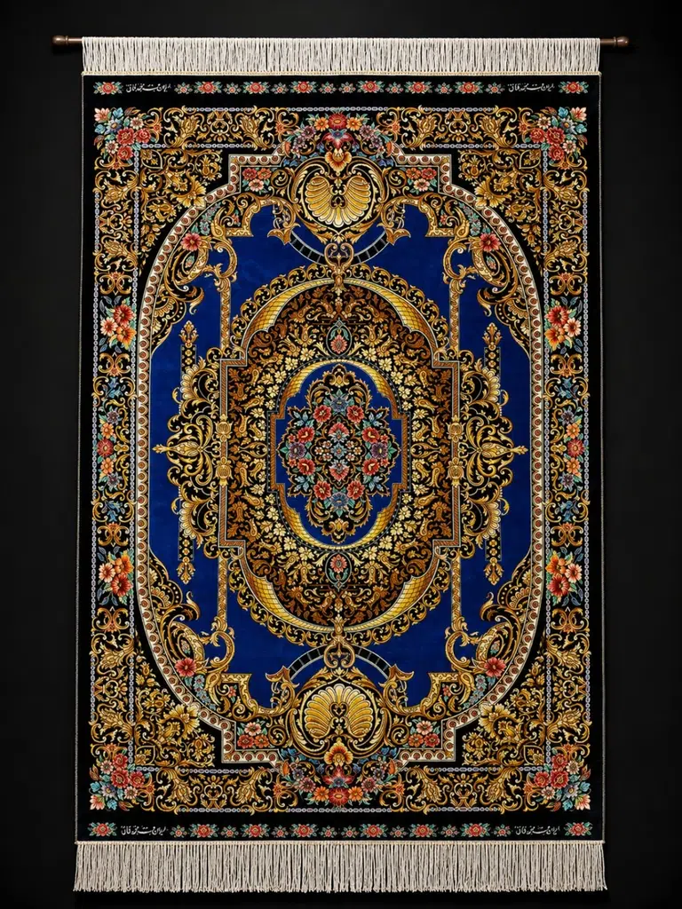 Cobalt Baroque Crown handmade Qom pure silk carpet with a royal oval medallion, floral bouquets and ornate gold arabesques