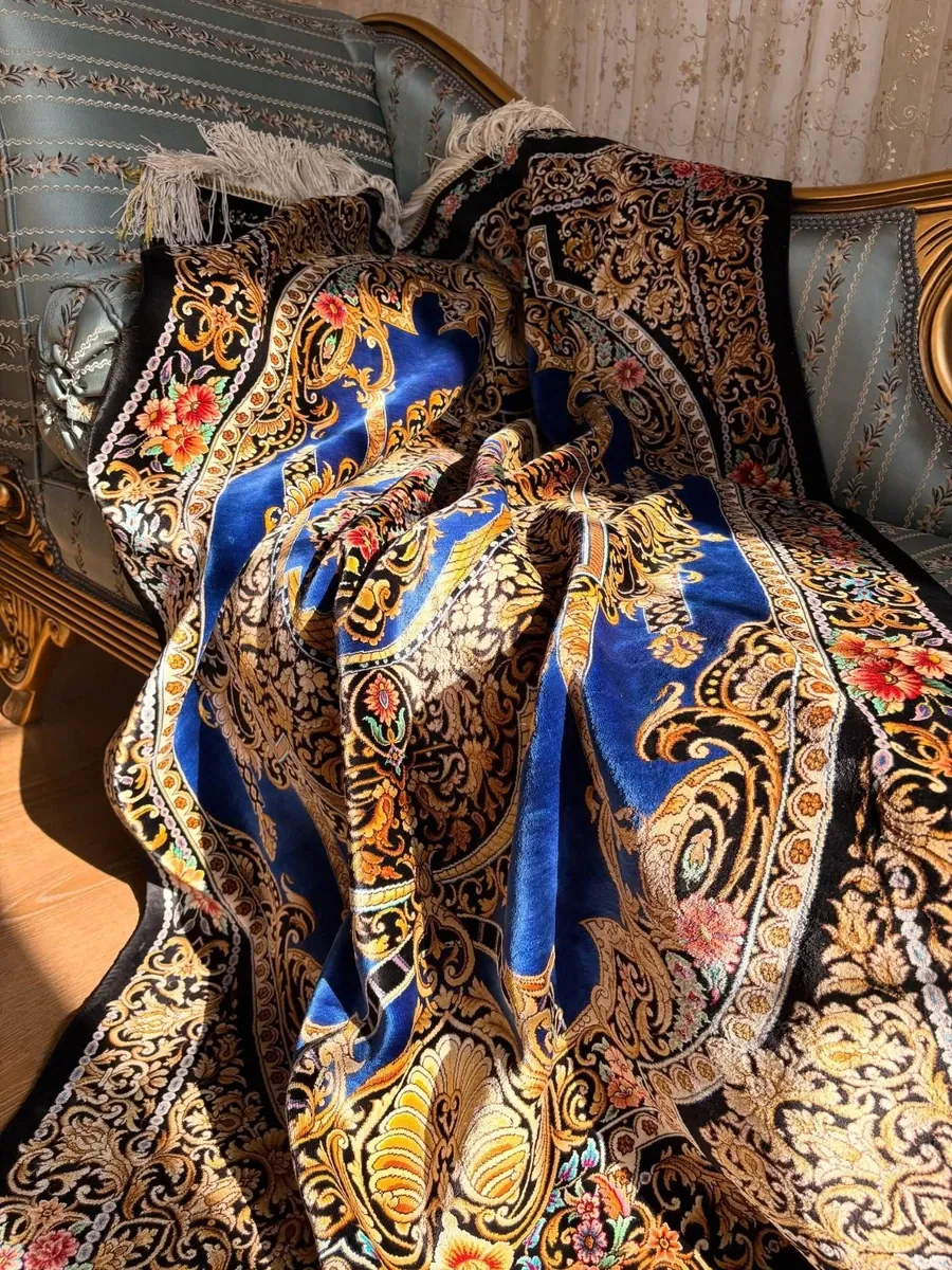 Cobalt Baroque Crown handmade Qom pure silk carpet with a royal oval medallion, floral bouquets and ornate gold arabesques