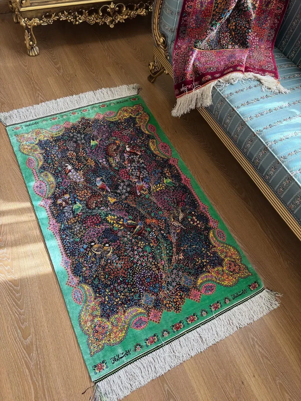 Mint Aviary of Songbirds handmade Qom pure silk carpet with birds, flowering branches and a mint green garden border