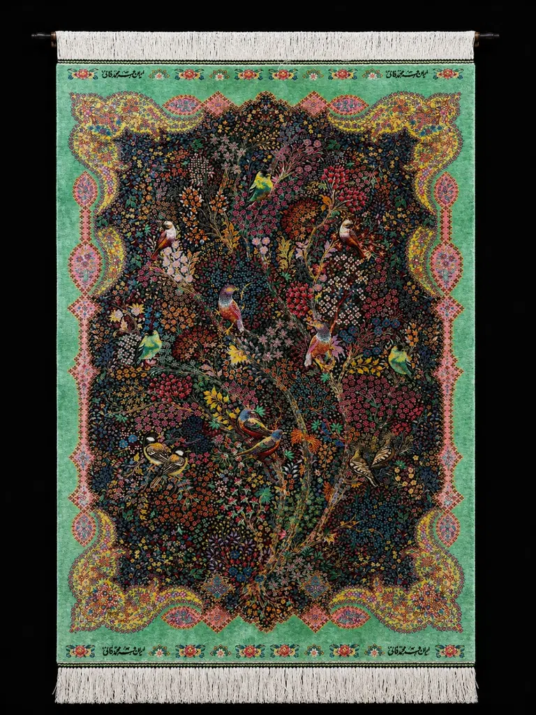Mint Aviary of Songbirds handmade Qom pure silk carpet with birds, flowering branches and a mint green garden border