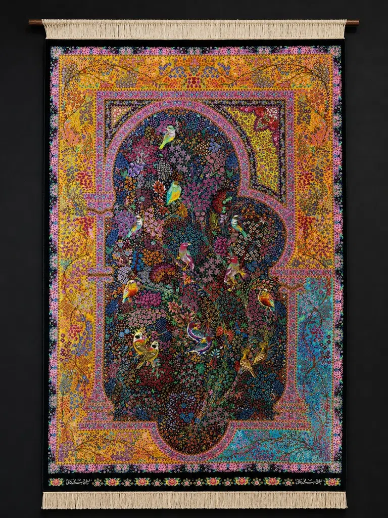 Golden Portal Garden handmade Qom pure silk carpet with a Mehrabi Tree of Life and colourful patchwork garden border