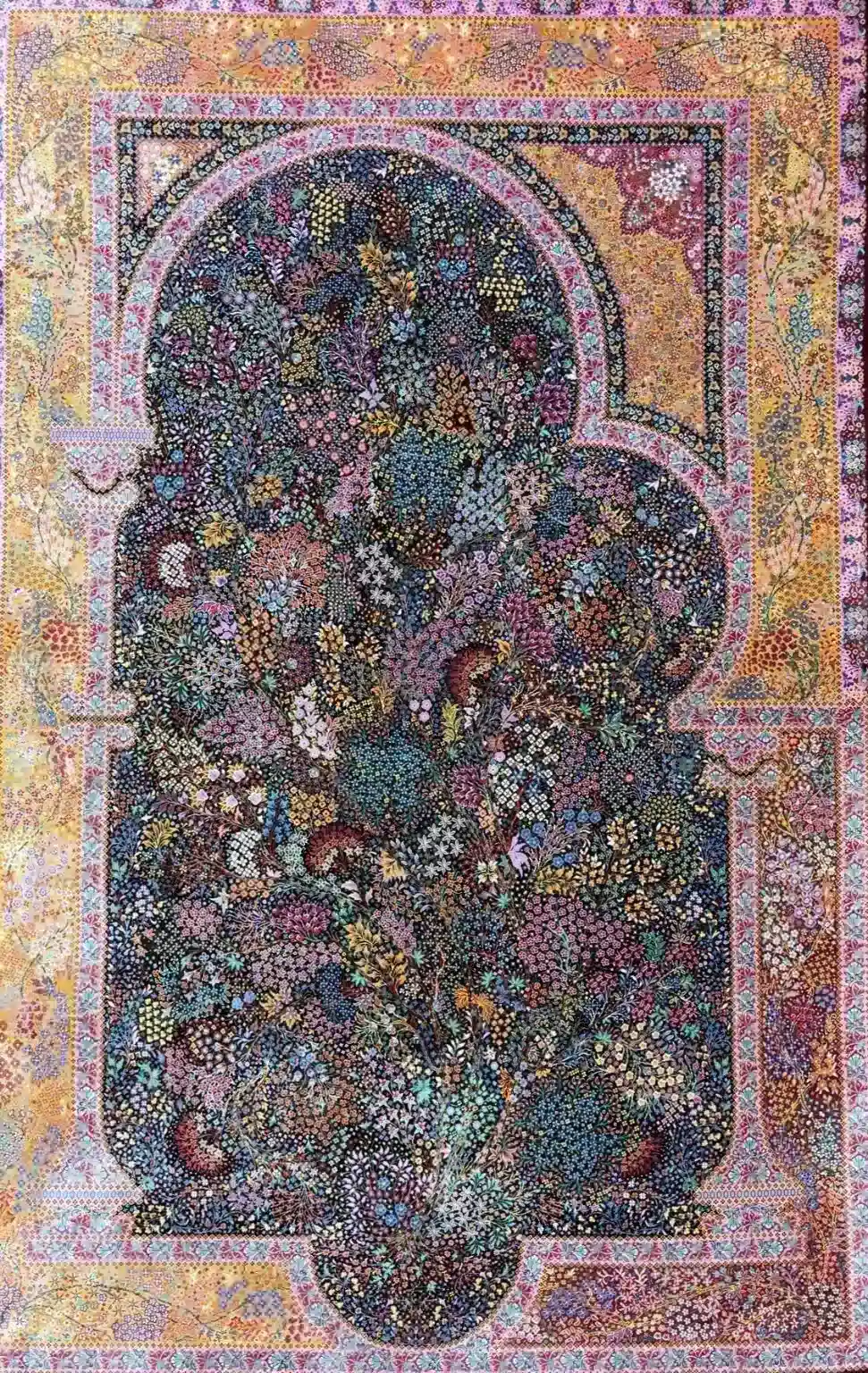 Golden Portal Garden handmade Qom pure silk carpet with a Mehrabi Tree of Life and colourful patchwork garden border